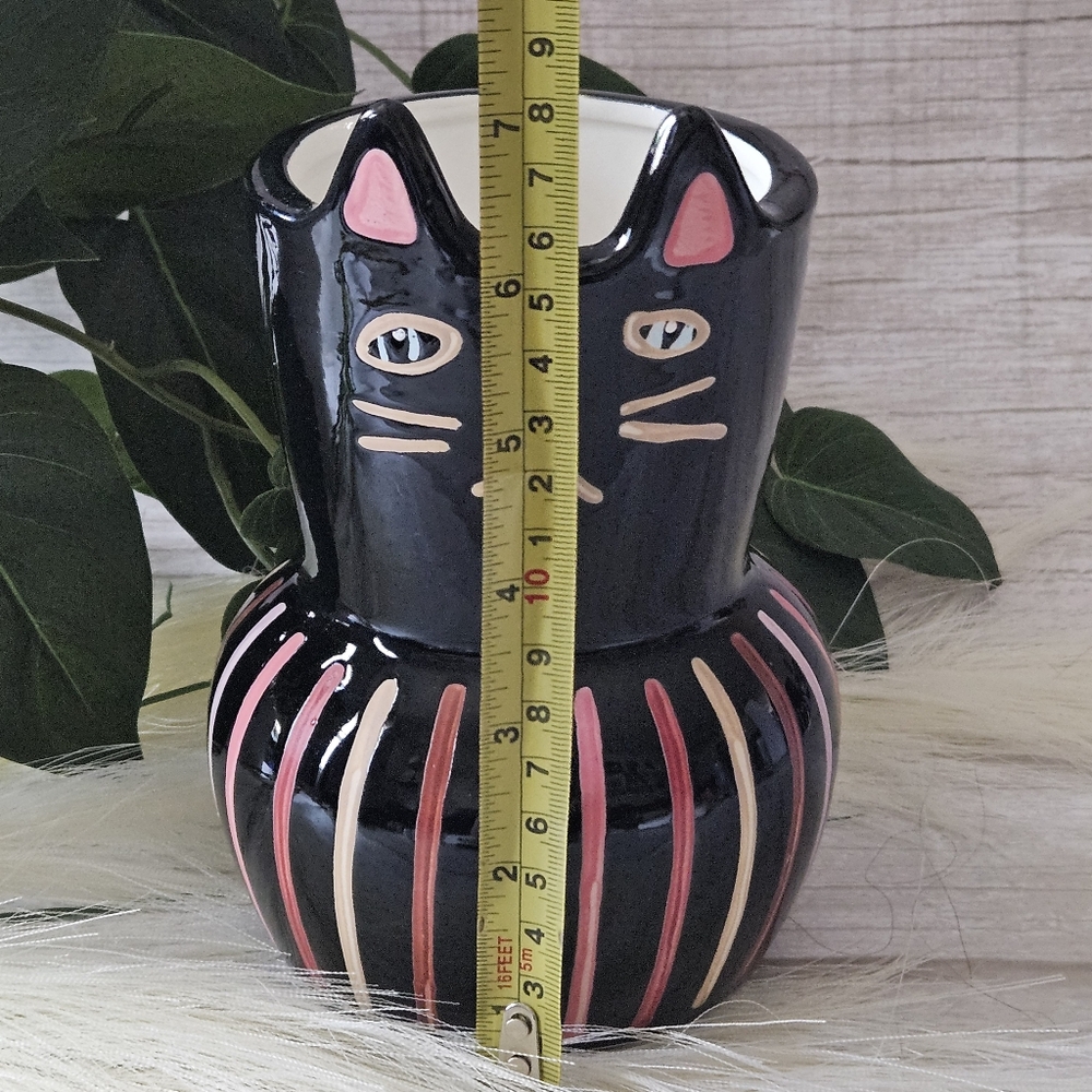 black cat art deco ceramic planter with pink and white accents stripes with cat - Picture 7 of 10